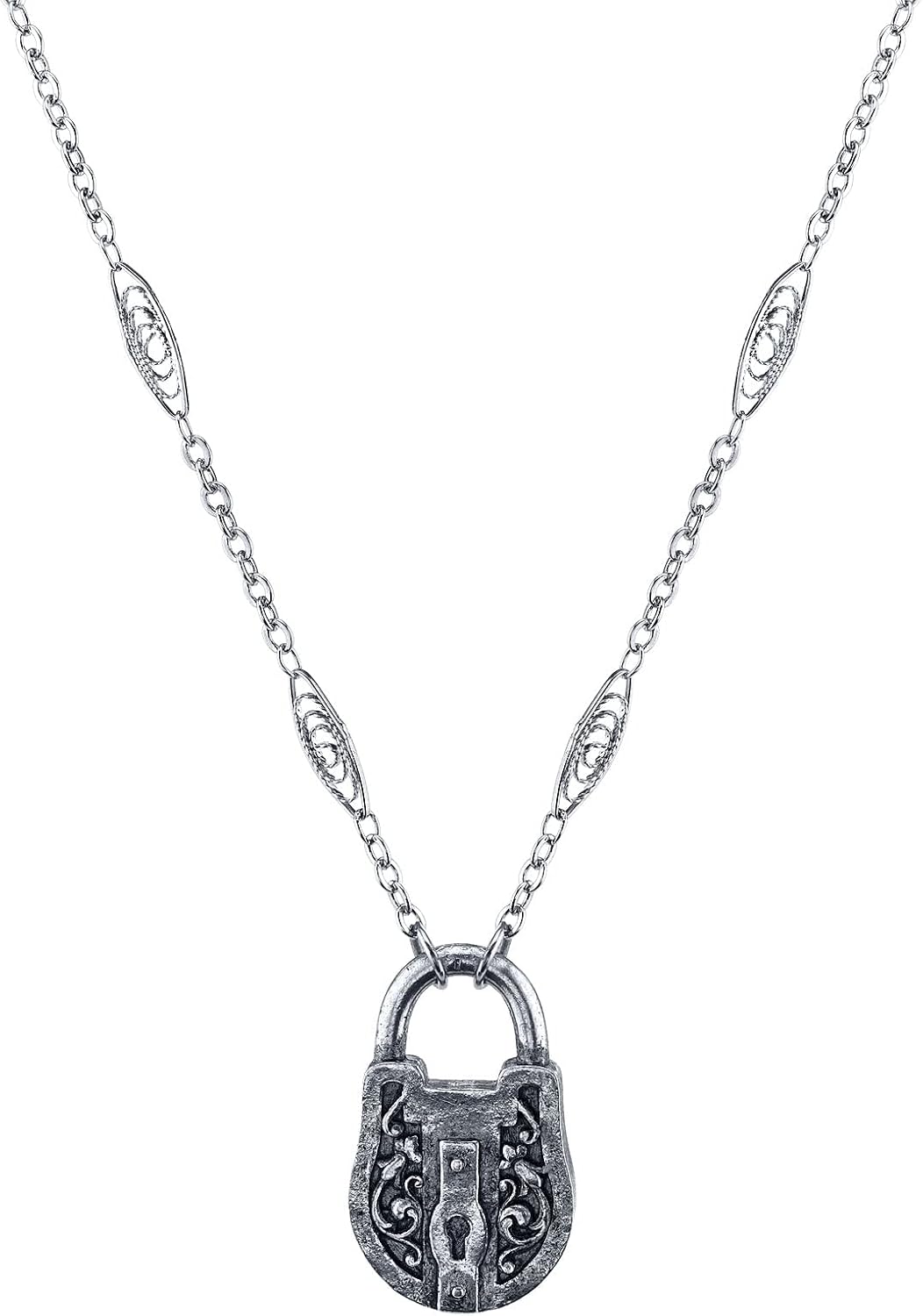 1928 Jewelry Antiqued Pewter Lock Pendant Necklace for Women 30 Inches
