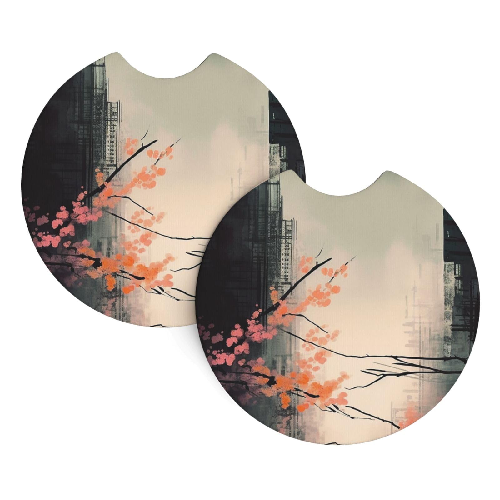 2PCS Car Coaster for Cup Holders Universal Auto Cup Mat Graphic Cherry Blossom Cup Coaster Pad 2.7" Waterproof Neoprene Non-Slip Cup Holder Coasters Car Interior Accessories for Women Men