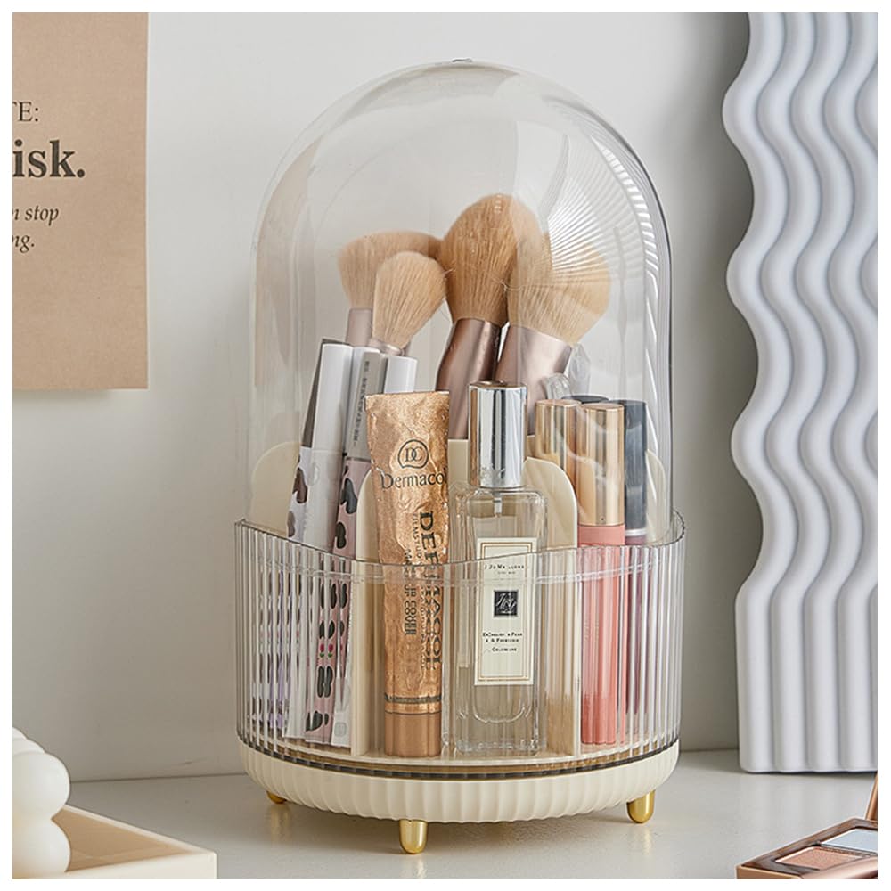 Makeup Brush Holder with Lid, 360° Rotating Makeup Organiser High Capacity Acrylic Makeup Brush Organiser Cup 25cm Height, Cosmetic Brushes Holder Caddy for Vanity (Beige)
