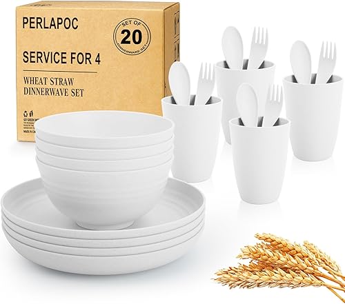 Miniatura 20 de Juego de vajilla de paja de trigo, 40 piezas, servicio para 8, juegos de platos y tazones, juego de platos irrompibles, platos llanos, platos de