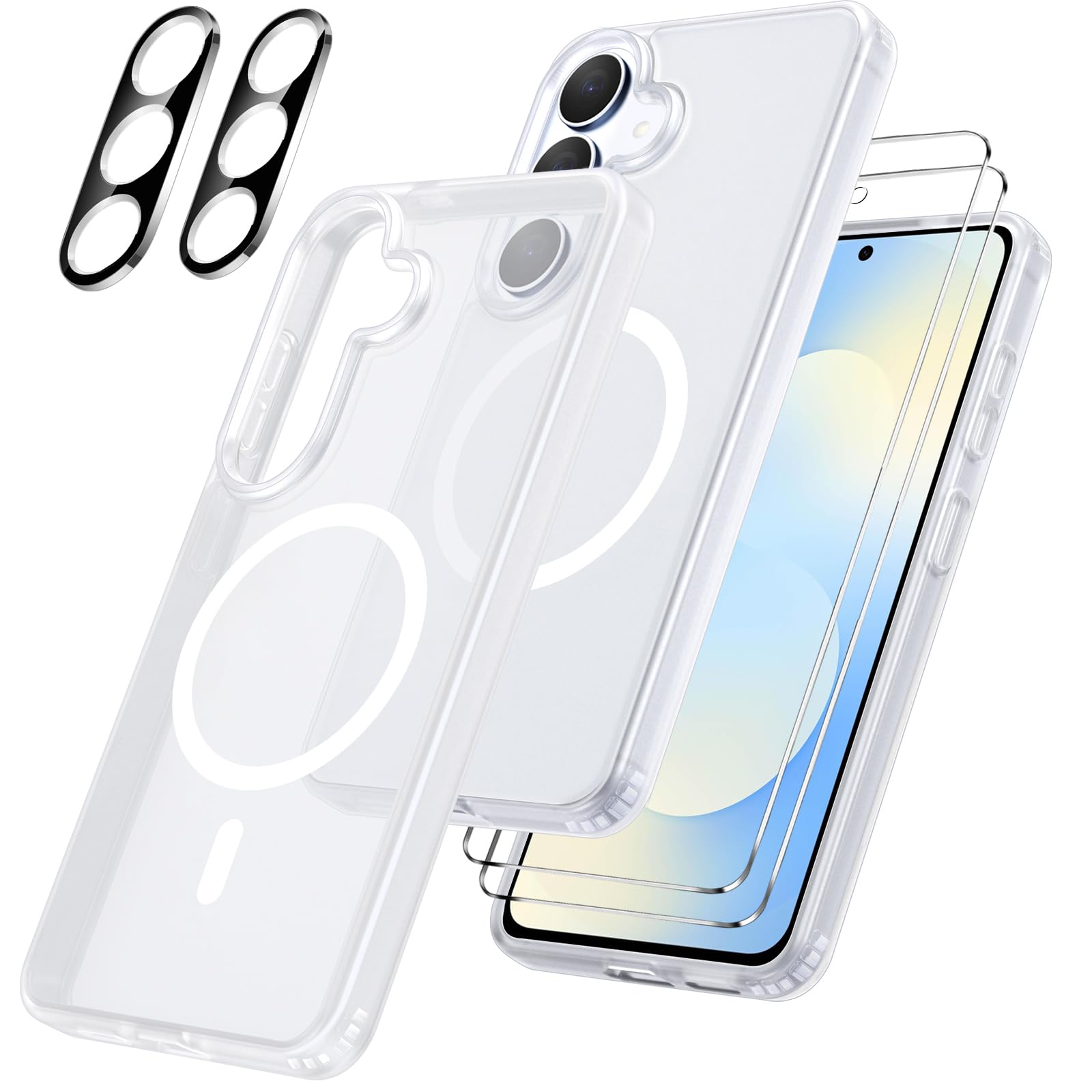 Cover per Samsung Galaxy S25 FE 5G Compatibile con 2 vetri temperati e 2 vetri per fotocamera, Translucent Slim Back PC+TPU Bumper Shockproof Compatible Magnetic Cover - Trasparente Opaco