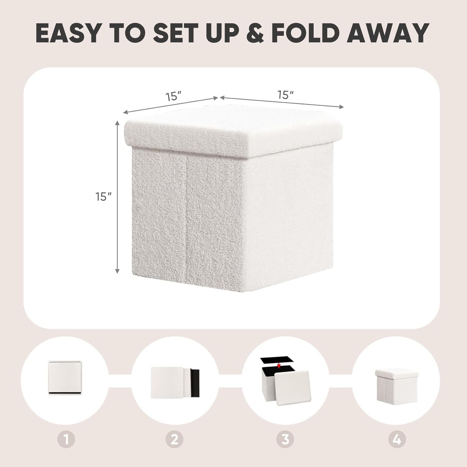PINPLUS Storage Ottoman Cube Square Shaped Ottomans with Storage Foot Stool Footrest for Lving Room Boucle Ottoman Seat for Dorm Room,Faux Teddy Fur White,15"x15"x15" - Image 3