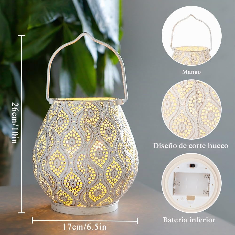 TRIROCKS Set de 2 Lámparas de Mesa Metálicas Estilo Marroquí 26 cm Altas, Faroles a Batería con Luz de Hadas para Sala, Jardín, Patio, Eventos y Mesa (Blanco)