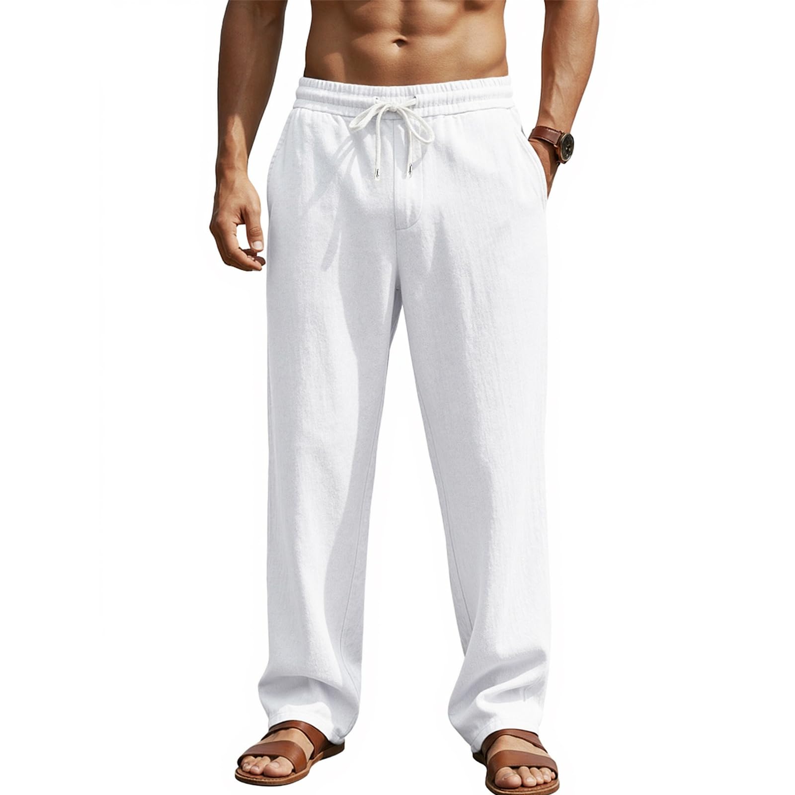 Pantalon Lin Homme Été Léger Casual avec Cordon de Serrage | Pantalons de Plage Yoga Pantalons Décontracté Coupe Droite Taille Elastique pour Les Vacances à La Plage