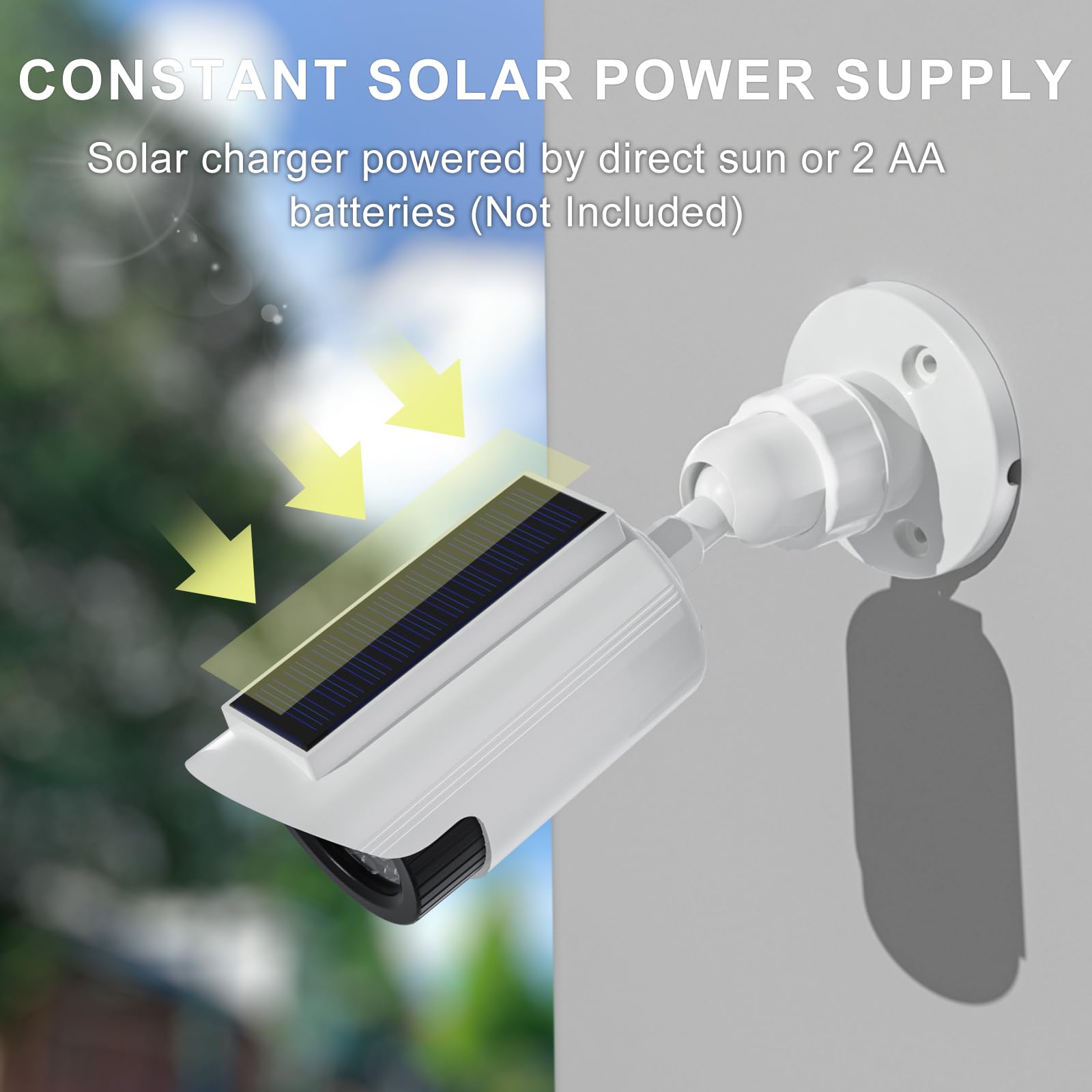 WALI Lot de 2 fausses caméras de sécurité factices à énergie solaire avec lumière LED pour intérieur et extérieur - Simulation de surveillance - Caméras dôme avec autocollant d'avertissement (SOLTC-W2