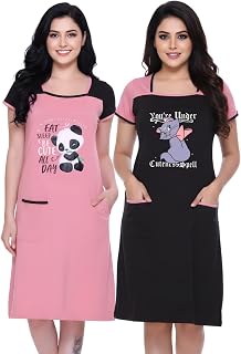 White Moon Knee Length Nighty for Women Combo, Graphics Printed Cotton Night Dress with Pocket, 3/4th Nighty for Women (Pa... Price In India