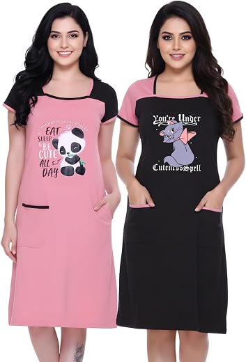 White Moon Knee Length Nighty for Women Combo, Graphics Printed Cotton Night Dress with Pocket, 3/4th Nighty for Women (Pa...