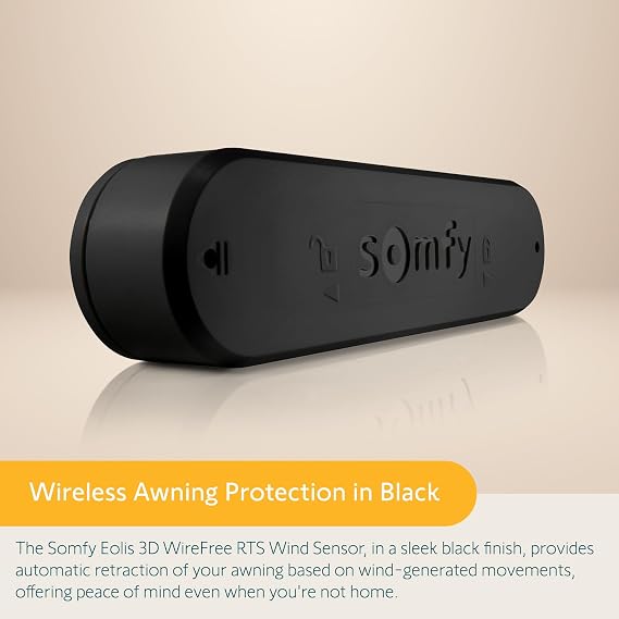 Somfy Eolis 3D Wirefree RTS Wind Sensor - Wireless Wind Protection for RTS Awnings - يعمل مع Sun Setter Awnings - اكتشاف ثلاثي الأبعاد متقدم - لون أسود أنيق # 1816082