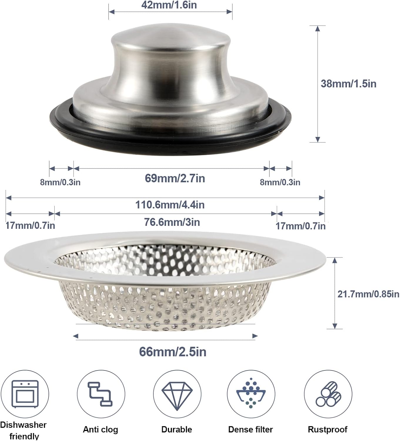 RQYEKDO Kitchen Sink Strainers Sink Sper Kits, Stainl Steel Sink