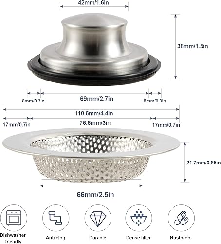 Miniatura 6 de RQYEKDO Coladores de Fregadero de Cocina Kits de Tapón de Fregadero, Juego de Colador de Drenaje de Fregadero de Acero Inoxidable, Borde Ancho