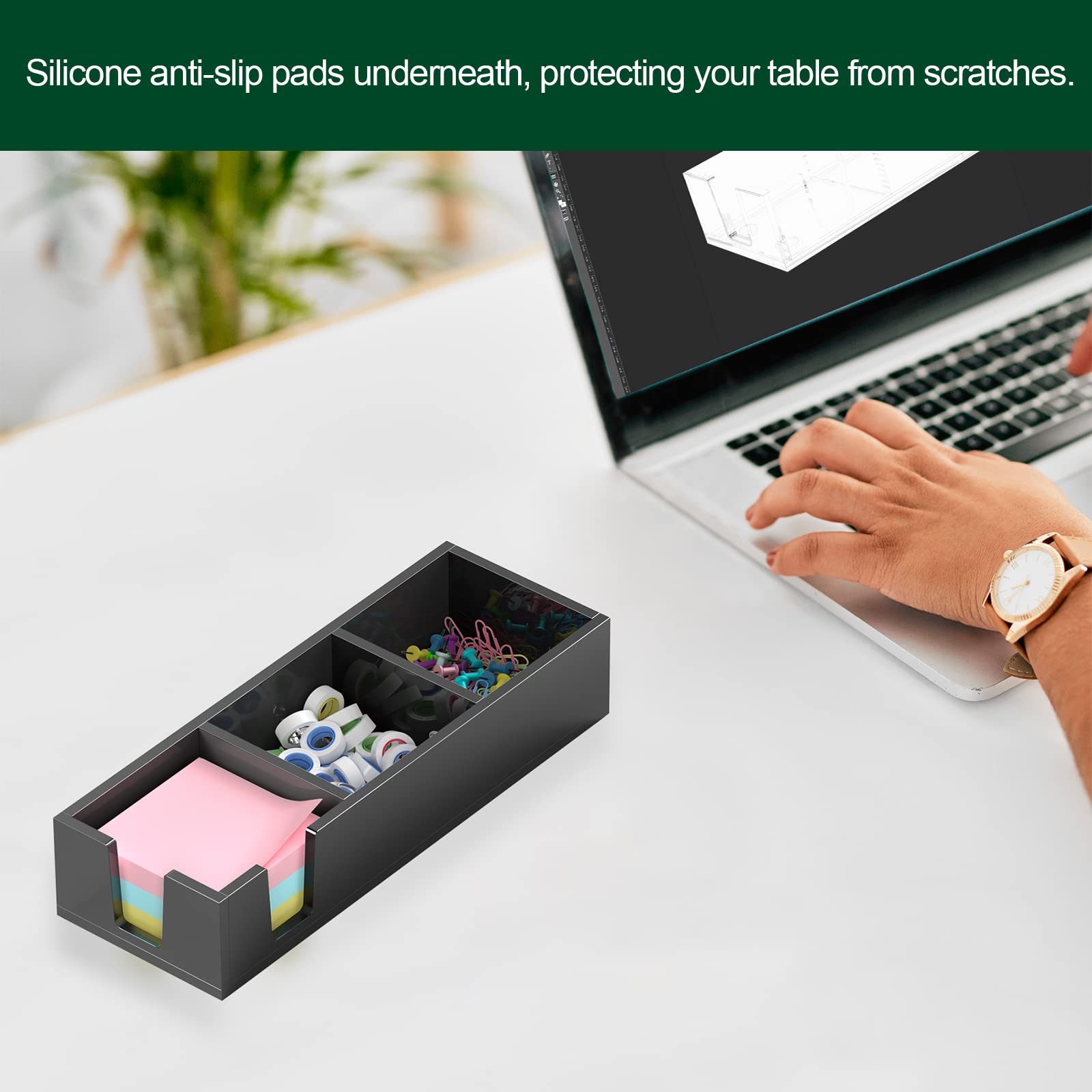 Soporte adhesivo acrílico, soporte autoadhesivo para bloc de notas sin blocs, dispensador de notas, organizador de escritorio para escuela, oficina, hogar (3 x 3 pulgadas, 3 en 1, negro)