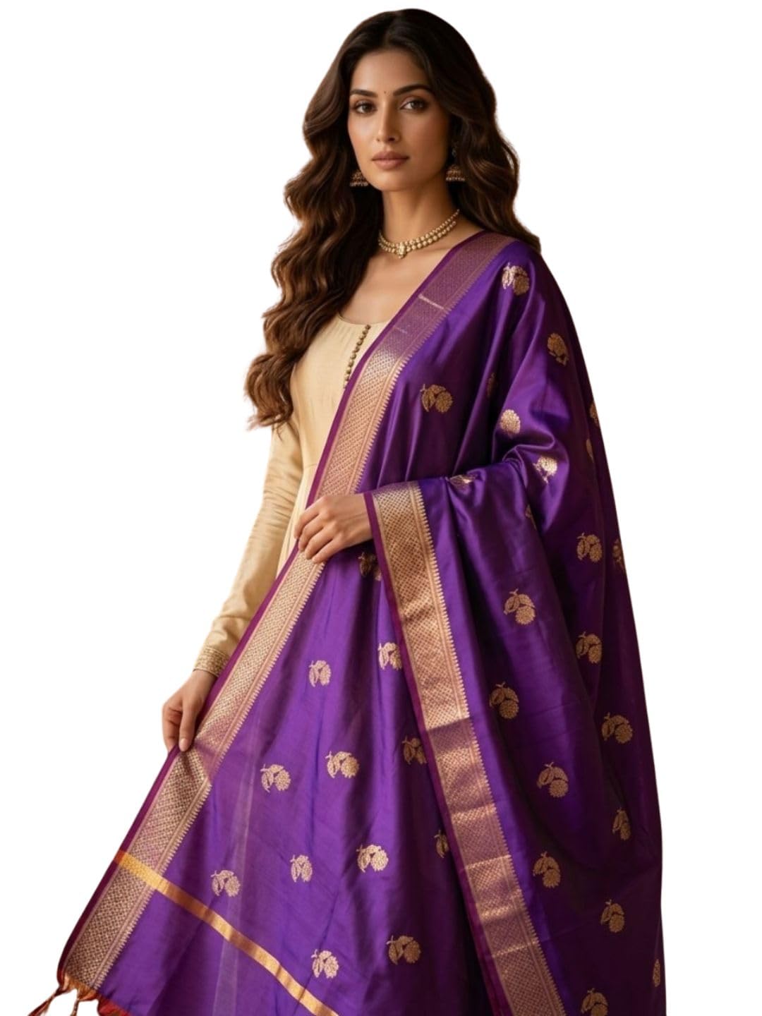 dupatta bazaar Women's Woven Zari Motif Banarasi Silk Dupatta | Silk Blend Woven Floral Design Tasselled Border Ethnic Wear Dupatta for Festive Wedding Traditional (2.4 Meter, Purple)-picture-39
