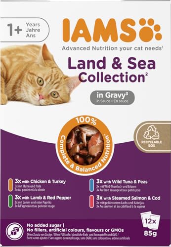 IAMS Delights Land & Sea Collection Katzenfutter Nass - Multipack mit Fleisch und Fisch Sorten in Sauce, Nassfutter für Katzen ab 1 Jahr, 12 x 85 g