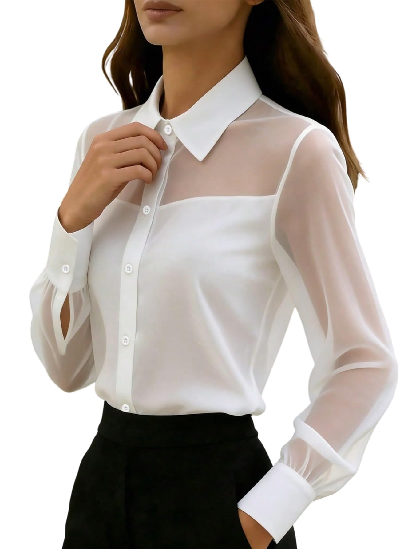GORGLITTER Camicetta da donna elegante in rete, da ufficio, a maniche lunghe, con pendolo trasparente, slim fit, camicia da ufficio