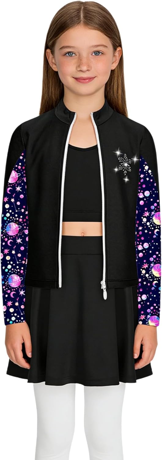 dPois Girls Ice Skating Training Suit Long Sleeve Zip Up Jacket with Crop Top & High Waist Pleated Skirt Set Black 14 Years