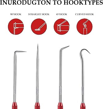 2PCS CarbonSteel Hook Tool and Pick Set,Double End Pick and Hook Set Auxiliary Dismantling Fittings,Universal O Ring Pick Set and Hook Tool Car Accessories Fit for Most Cars (Red)
