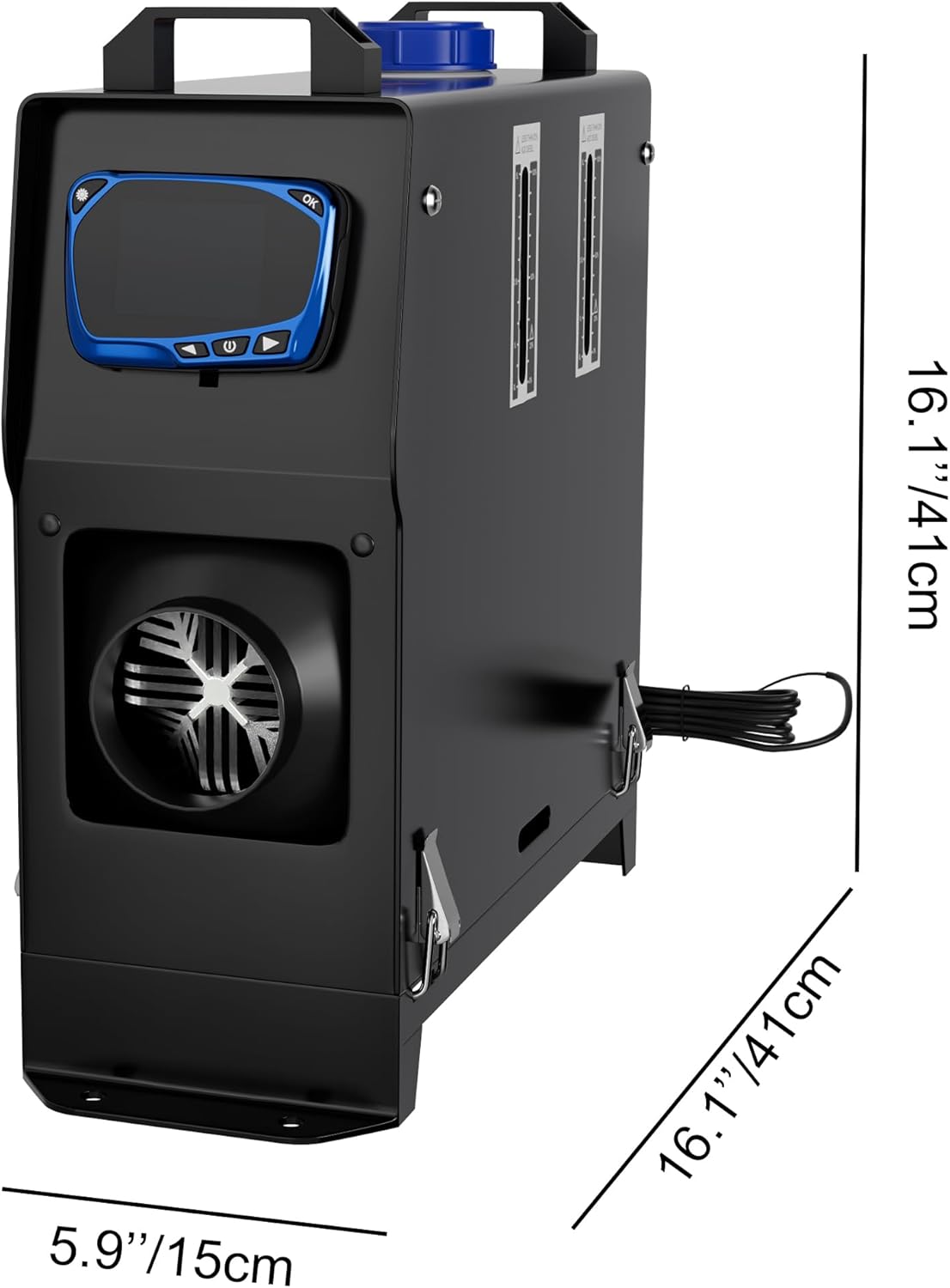 Diagram showing the dimensions of the Aufun 8KW Diesel Air Heater