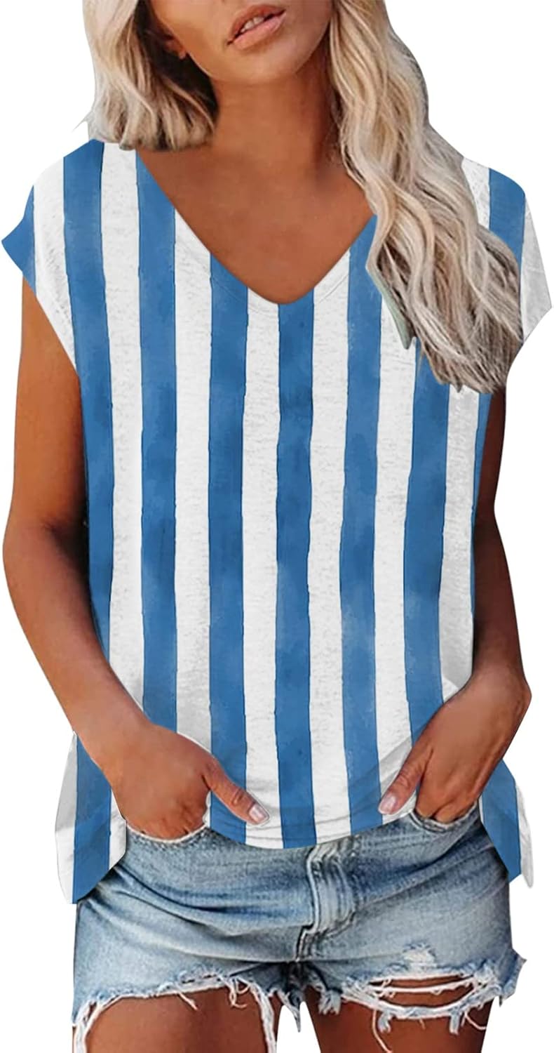 Maglietta estiva da donna, in tinta unita, casual, a maniche corte, con scollo a V, con spacco laterale, maglietta da donna, casual, colore nero, per tutti i giorni, Blu, S