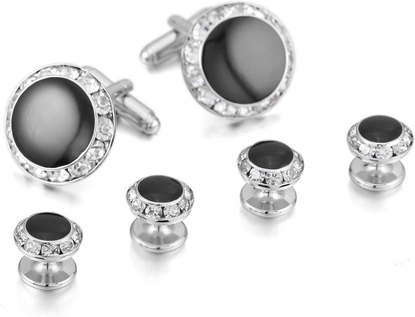 Guoqueen Glass Enamel Cuff Buttons Cufflinks Black Silver Round Studs Set Tuxedo Sleeve Button Unique Cuff Links for Men with Gift Box
