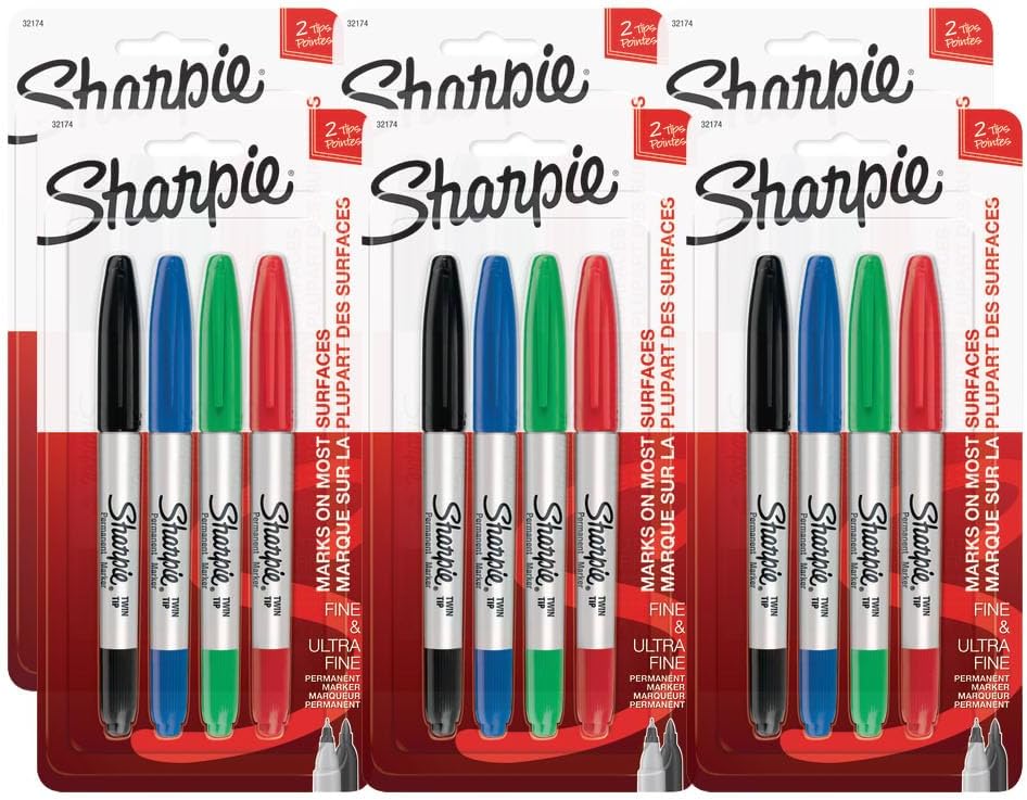 Sharpie Permanent Markers, Twin Tip (Fine & Ultra Fine), Assorted Colors (Black, Red, Blue, Green), 24 Count (6 Packs of 4), Quick-Drying, Fade & Water Resistant