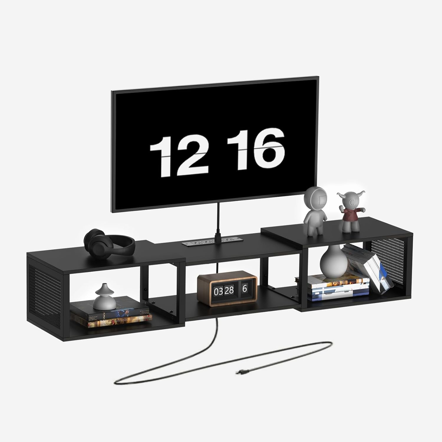 HOOBRO Floating TV Stand Wall Mounted with Power Outlet, Floating Entertainment Center for 55 inch TVs, Wall Mounted Entertainment Shelf with Storage, for Living Room, Bedroom, Black BB114UDS01