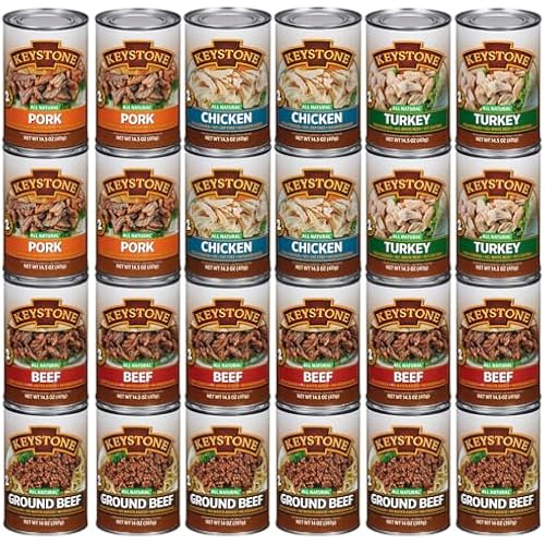 Keystone Meats 24 Cans Variety Pack – All Natural Fully Cooked Canned Meat (6 Beef, 4 Chicken, 4 Turkey, 4 Pork –14.5 oz | 6 Ground Beef –14 oz) – Pantry Staple, Emergency, Camping 5 Years Shelf Life