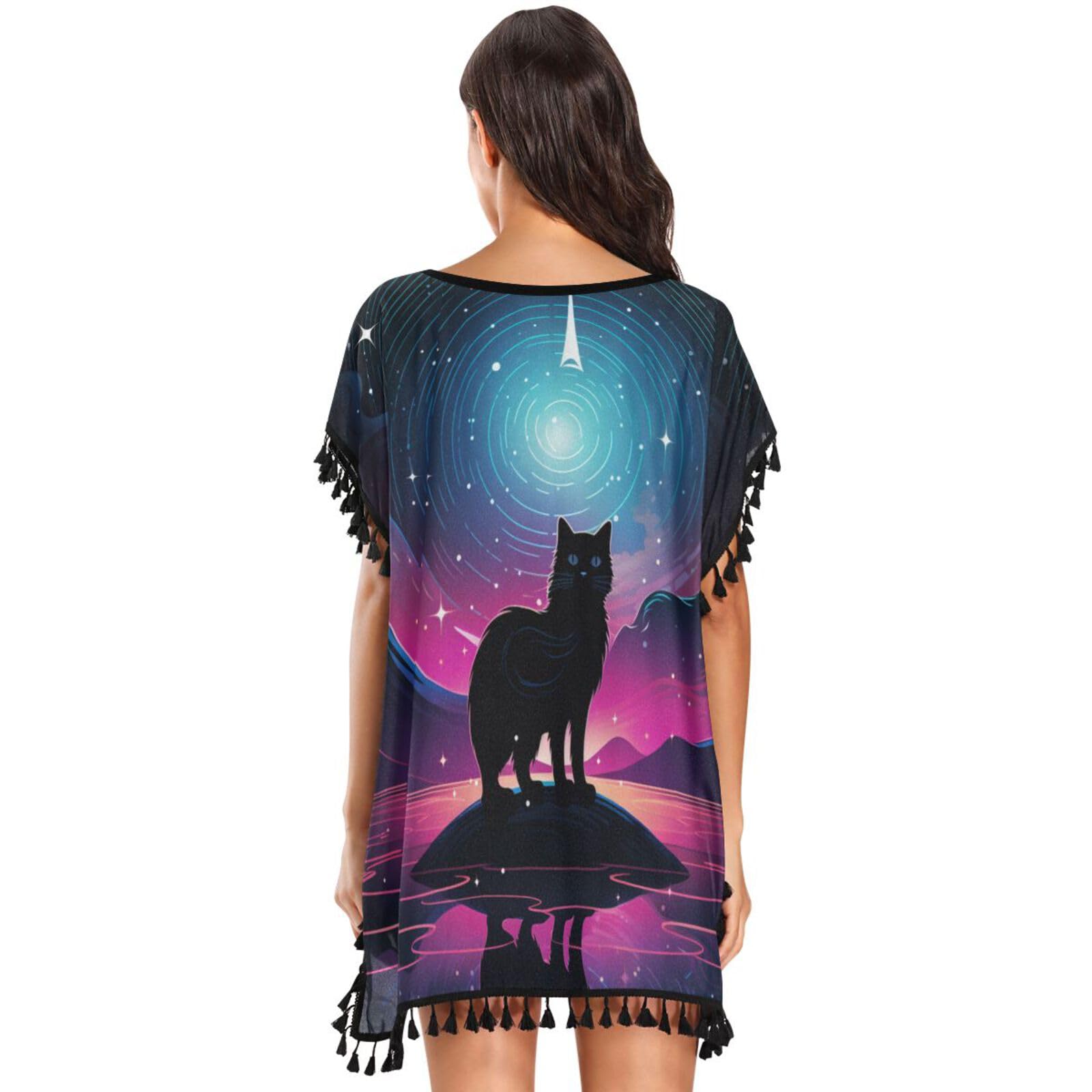 Starlight Cat Art Women's Beach Cover Up Chiffon Tassel Swimwear Swimsuit Coverups for Girl