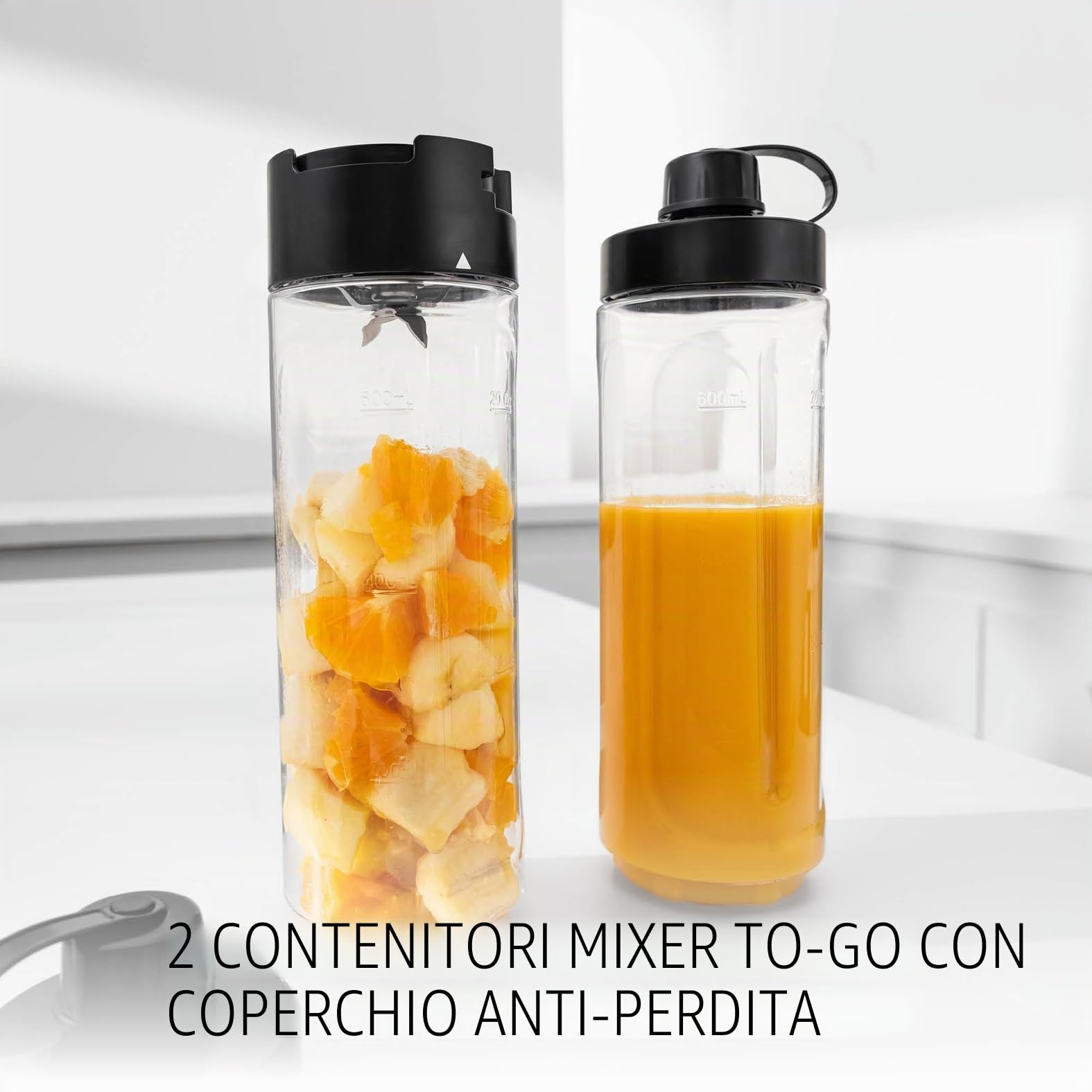 WMF Frullatore Smoothie-to-go, 300 W, nero profondo (6L), frullatore per alimenti con lame in acciaio inossidabile, senza BPA, lavabile in lavastoviglie, 1 velocità, elettrico con cavo, include 2