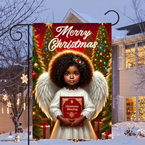 Image of BlissYard Christmas Garden Flag 12x18 Inch Angel Book Yard Decor | Double sided polyester, christmas angel blessing book design, faith inspired decor for holiday porch and yard