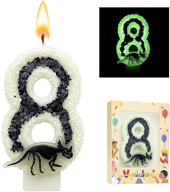 Glow in The Dark Dinosaur Birthday Candle Numbers 0-9 Jurassic Skeleton Theme Party for Boy Black-8