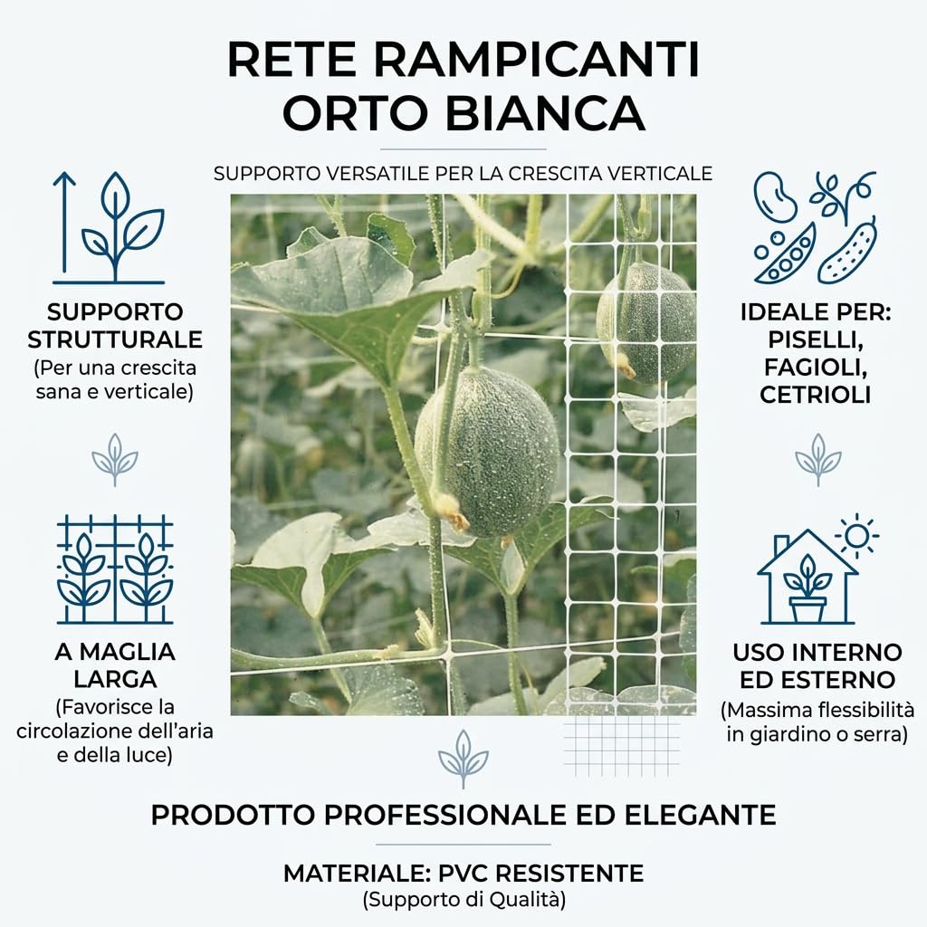 MAKA Rete Rampicanti Orto Bianca Supporto Fiori Piante che Crescono Verticali Rete PVC A Maglia Larga 14x16cm ideale Coltivazione Pomodori Piselli Fagioli Cetrioli Interno Esterno (2x100 metri)