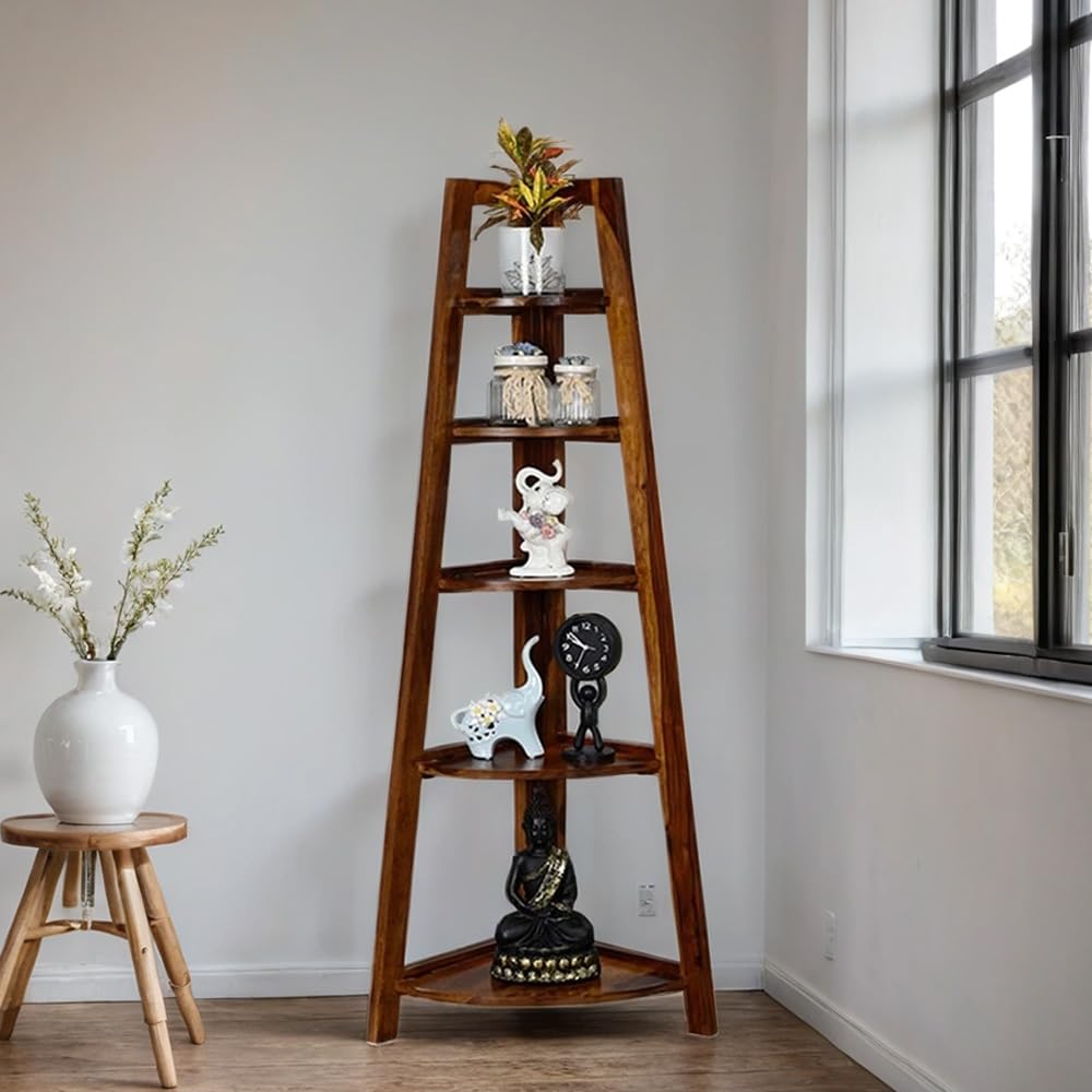 Royaloak 5-Shelf Corner Stand | Corner Shelf for Living Room | Sheesham Wood | Natural Finish | 5 Foldable Shelves | Emperor Collection | Wooden Corner Stand-image-31