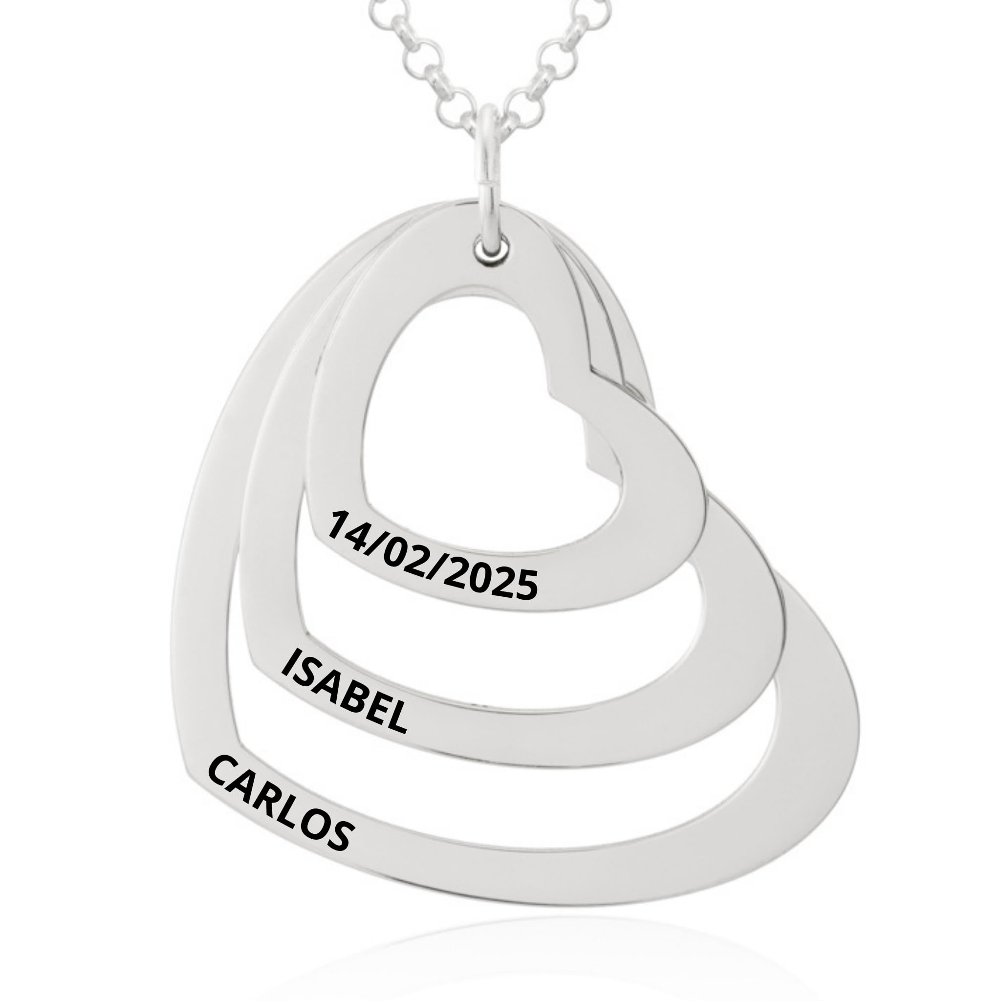 Collar Corazón con Grabación de Nombres Personalizada en Plata de Ley 925 Cadena de 45cm + Alargador. Regalo ideal de San Valentín, para Novia Madre Abuela. Hecho en España. (2 Corazones Plata) — view 8