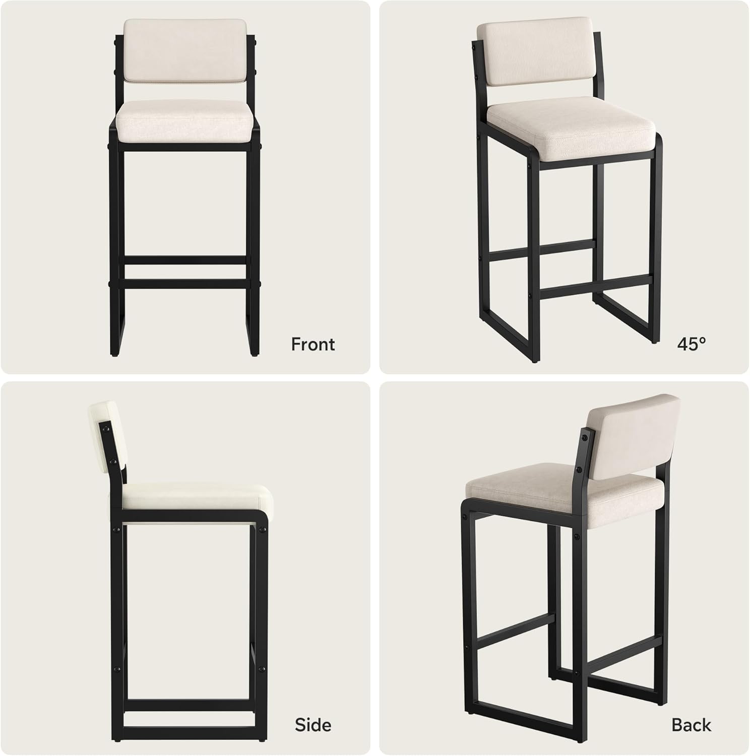 26IN Modern Bar Stools Set of 4, Fabric Counter Height Barstools with Back and Footrest, Sturdy Thickened Metal Leg, Kitchen Bar Chairs for Island, Camel