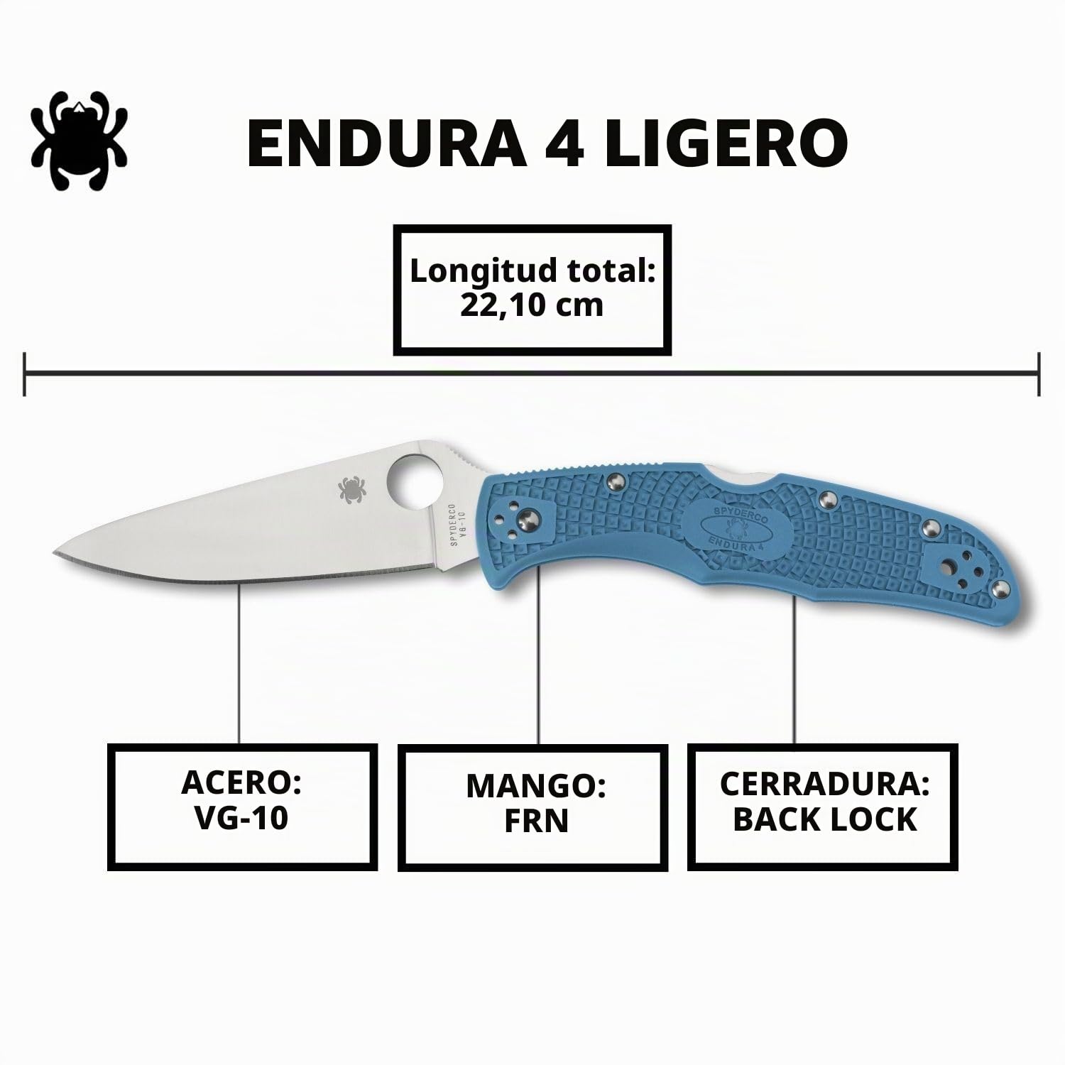 SPYDERCO Endura 4 Lightweight - Mango: FRN * Azul_Filo: Liso | Longitud total de 8.7 pulgadas, hoja de acero VG-10 de 3.8 pulgadas, mango FRN, bloqueo trasero, molienda completamente plana