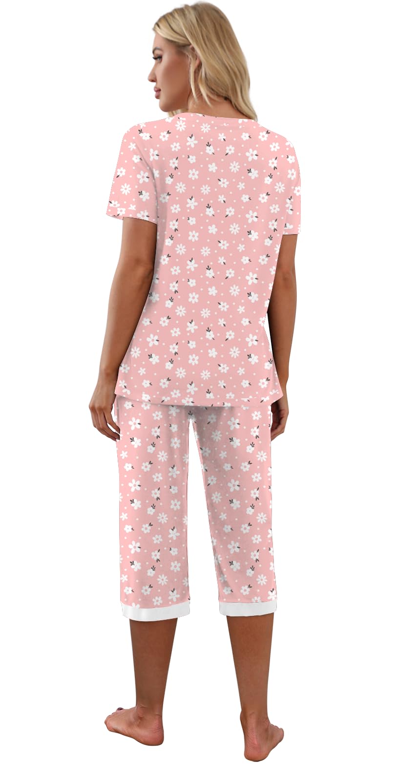 PrinStory Pigiama da donna con maglia a maniche corte e pantaloni lunghi