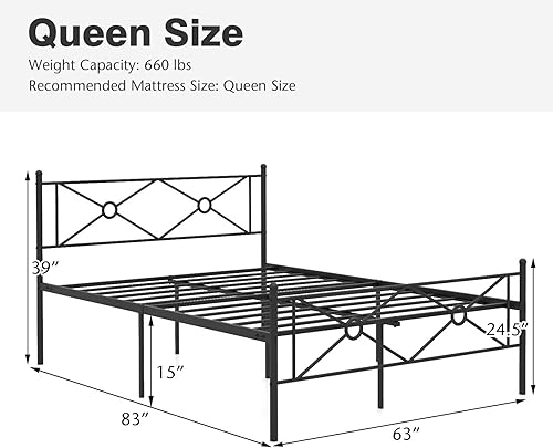 Miniatura 2 de KOMFOTT Marco de cama de metal tamaño Queen, marco de cama de plataforma con cabecera y estribo, marco de cama básico con soporte de listones de