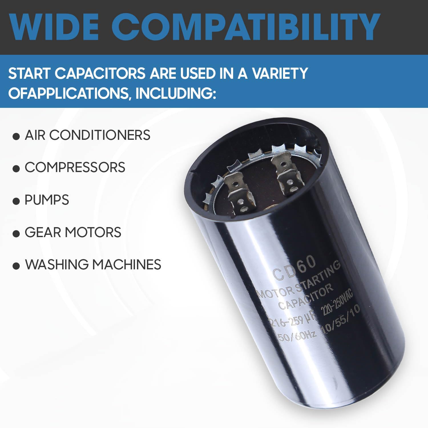 Seentech 216-259 uf/MFD 220-250 VAC ±20% CD60 Round Motor Start Capacitor 50/60 Hz AC Electric Motor Universal Fit for AC Motor Run or Fan Start and Cool or Heat Pump Air Conditioner
