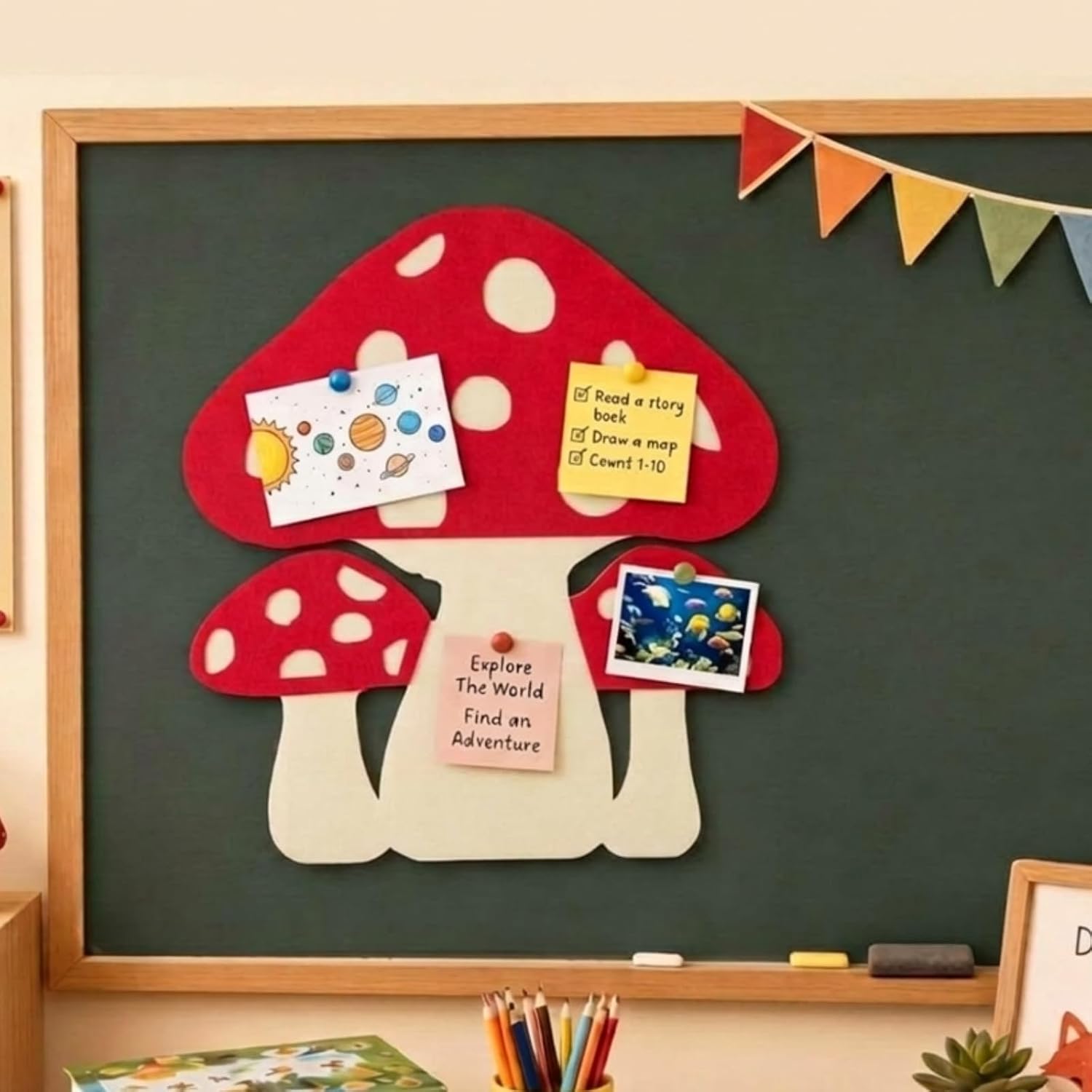 Chumia 15.5 x 13.4 Inch Cute Mushroom Felt Pin Board for Wall, Self Adhesive Decorative Memo Board for Photos, Notes & Postcards, Cottagecore Room Decor for Bedroom, School, Dorm & Office