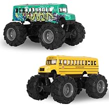 Crelloci School Bus Monster Truck Toys - 2 Pack Set Diecast Yellow School Bus Toy Pull Back Car Toy Big Wheel Monster Truck Play Car Gift for Toddlers Kids Boys