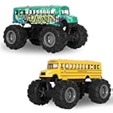 Crelloci 2 Pack School Bus Monster Truck Toy, Die Cast Big Wheel Monster Truck, Green Yellow Pull Back Car Toys, Play Vehicle Gifts for Kids, Toddlers, Boys Age 3+