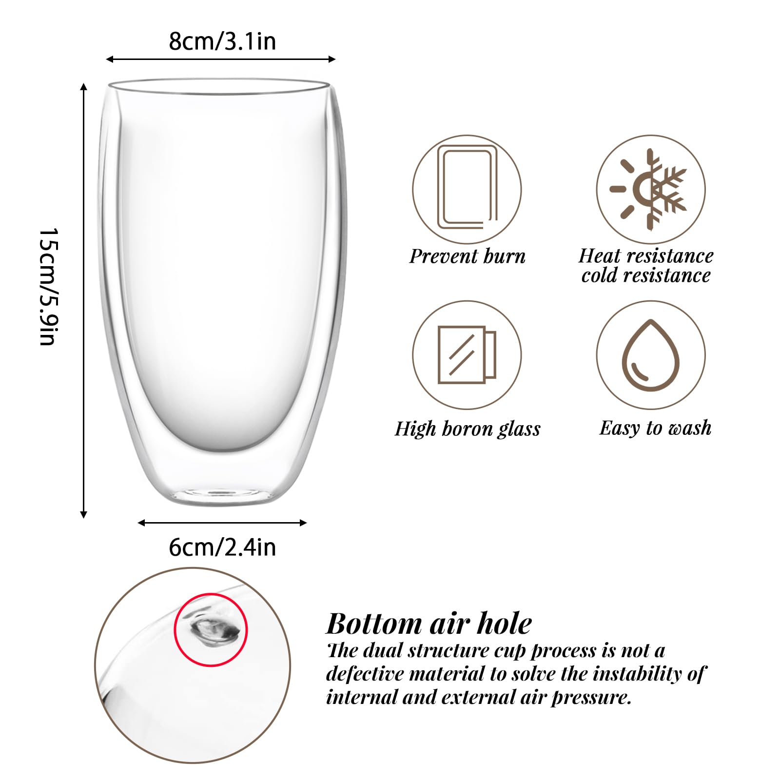 4x450ml Double Walled Glass Mugs, Heat Resistant Coffee Cup, Reusable Latte Glasses Cappuccino Cups Tea Cup - Image 2