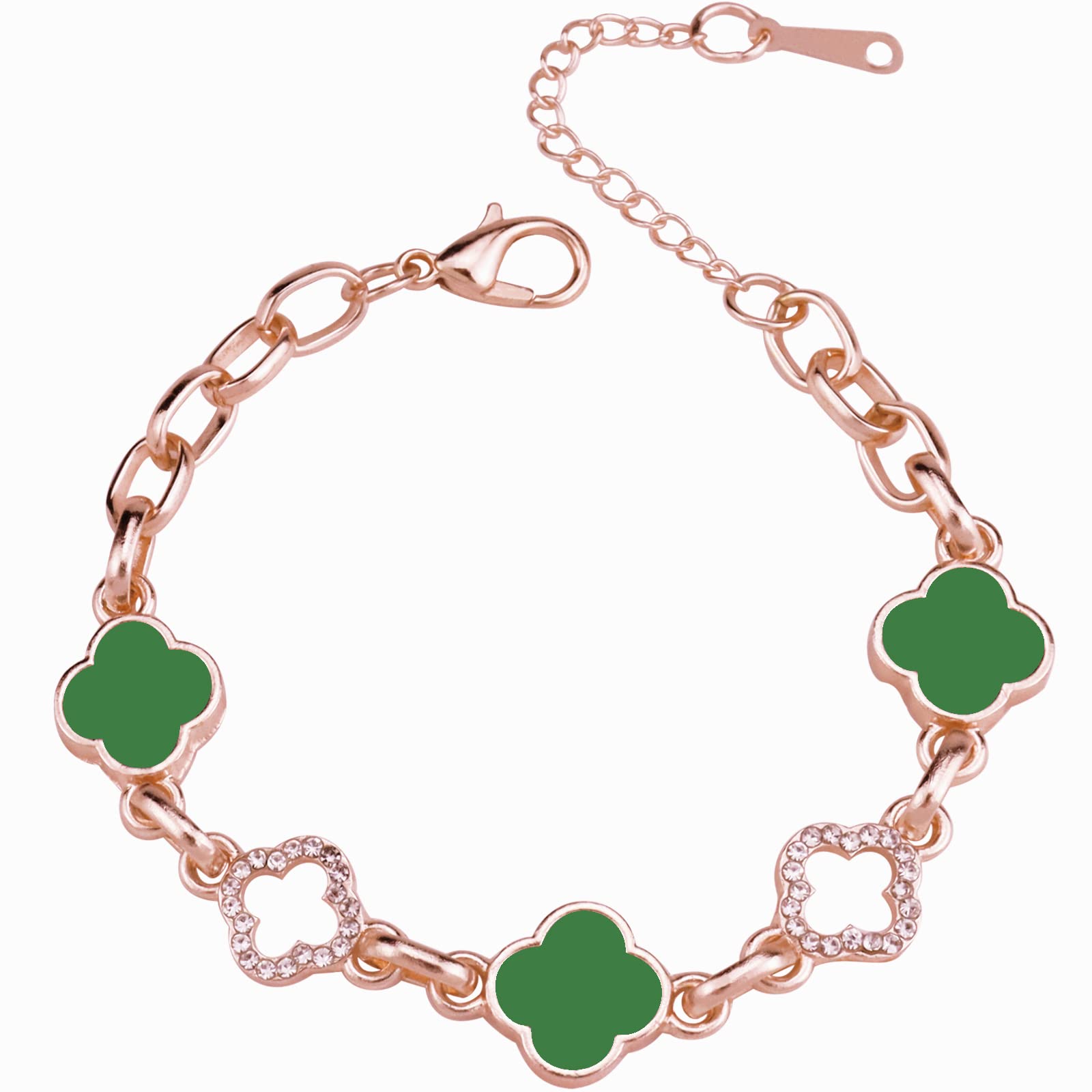 Riuziyi Lucky Clover Bracelet, Adjustable Four Leaf Charm Bracelet Link Metal Cute Jewelry Rhinestone Clover Chain Bracelet for Women Mother's Day