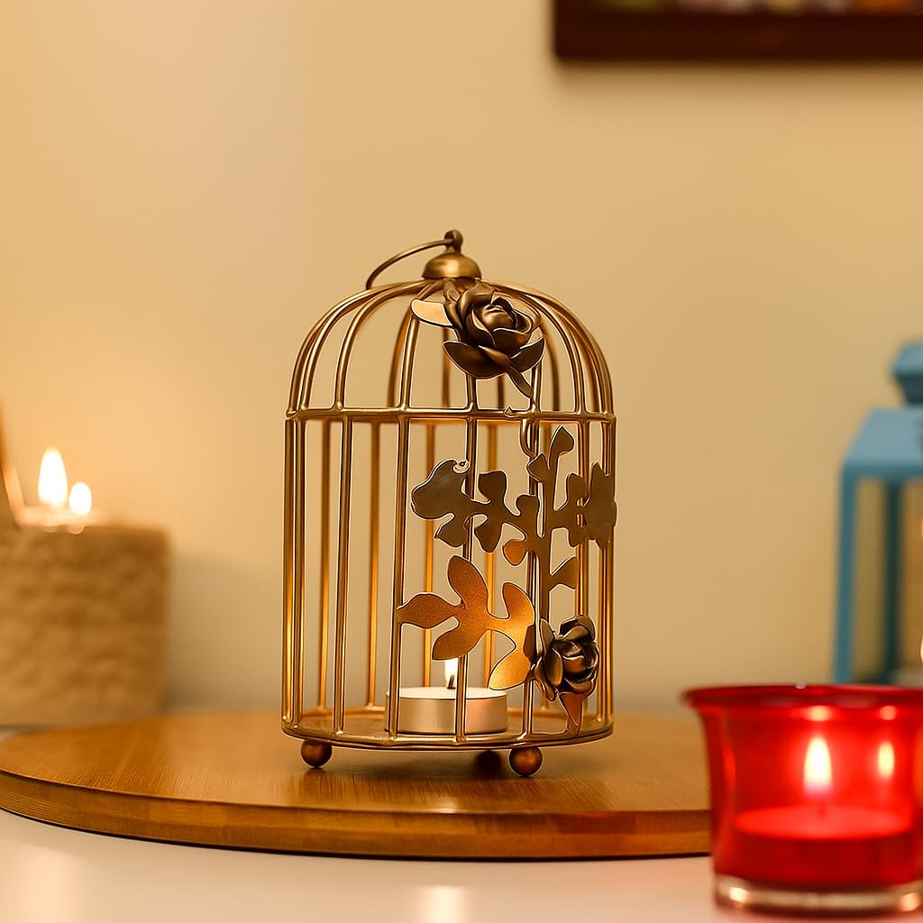 Homesake Antique Golden Bird Cage Tealight Candle Holder for Home Decor, Diwali Lighting, Wedding Decoration, Party Centerpiece & Balcony Decor, Ideal Diwali Gift for Festive Season