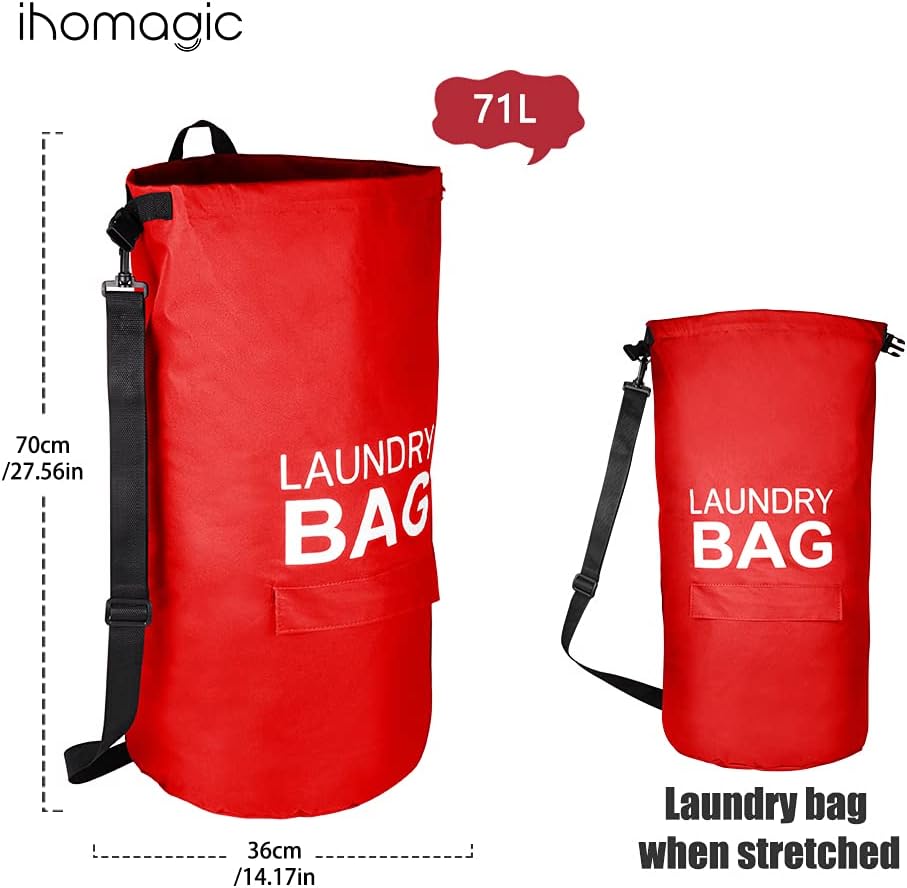IHOMAGIC 71L Laundry Bag Backpack with Adjustable Shoulder Straps and Pocket, Hanging Fabric Laundry Hamper, Portable Laundry Baskets with Buckle, Extra Large Dirty Clothes Hamper for Laundry (Red)