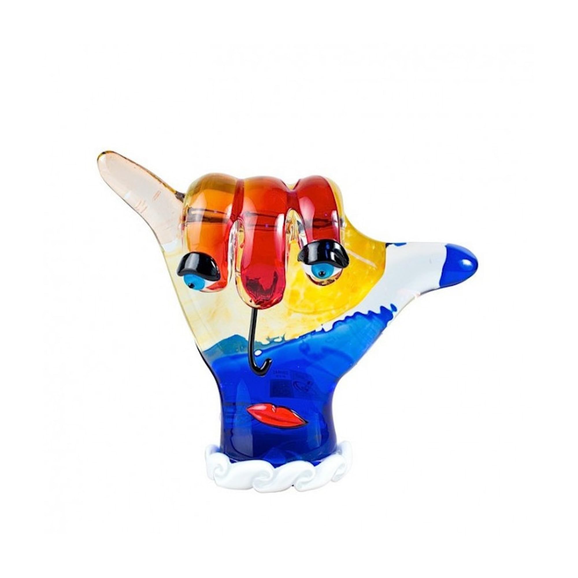 YourMurano - Escultura en cristal de Murano de una mano haciendo el signo Shaka, obra de arte en vidrio inspirada en el arte de Picasso, marca de origen, Made in Italy