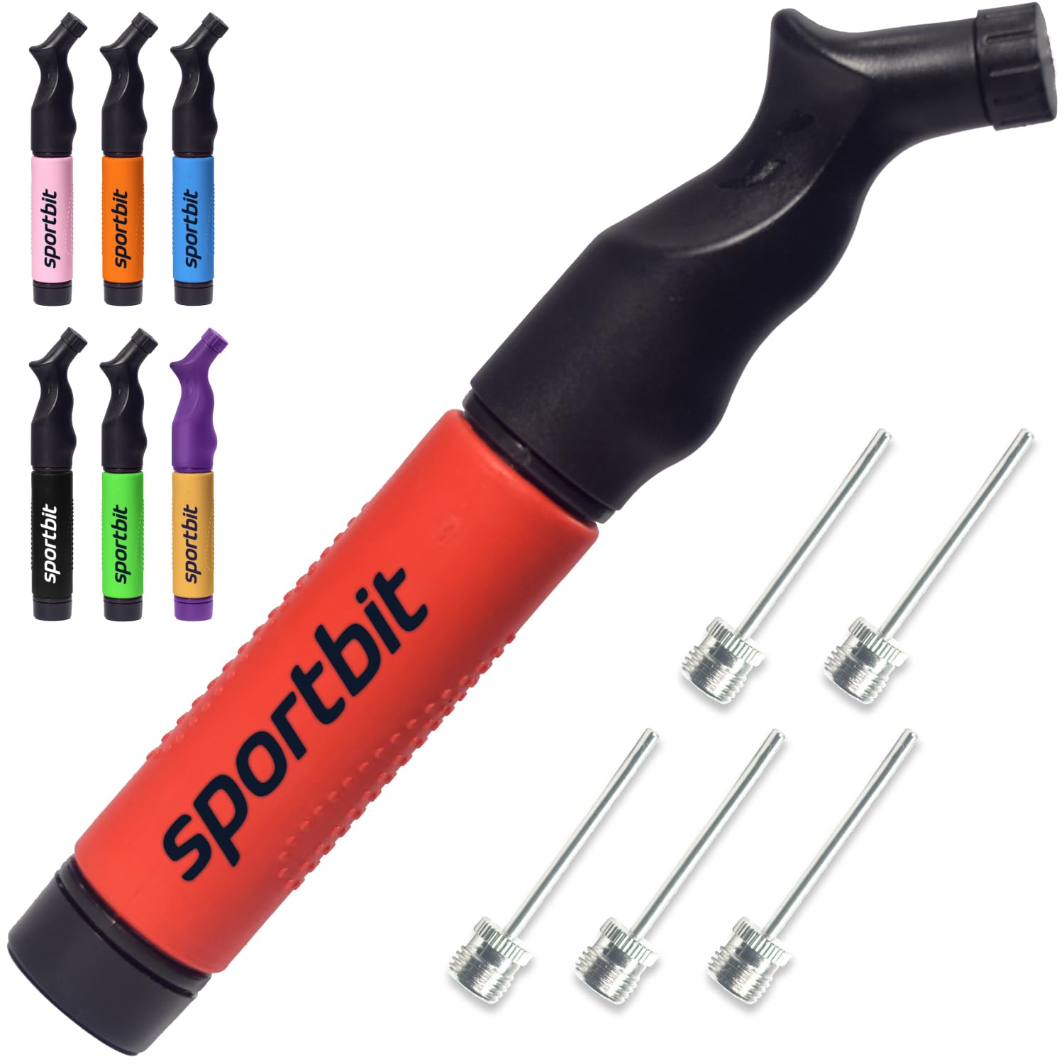 SPORTBIT Ball Pump with 5 Needles - Push & Pull Inflating System - Great for All Sports Balls - Football Ball Air Pump, Volleyball Pump, Basketball Inflator - Goes with Needles SetSPORTBIT Ball Pump with 5 Needles - Push & Pull Infl…