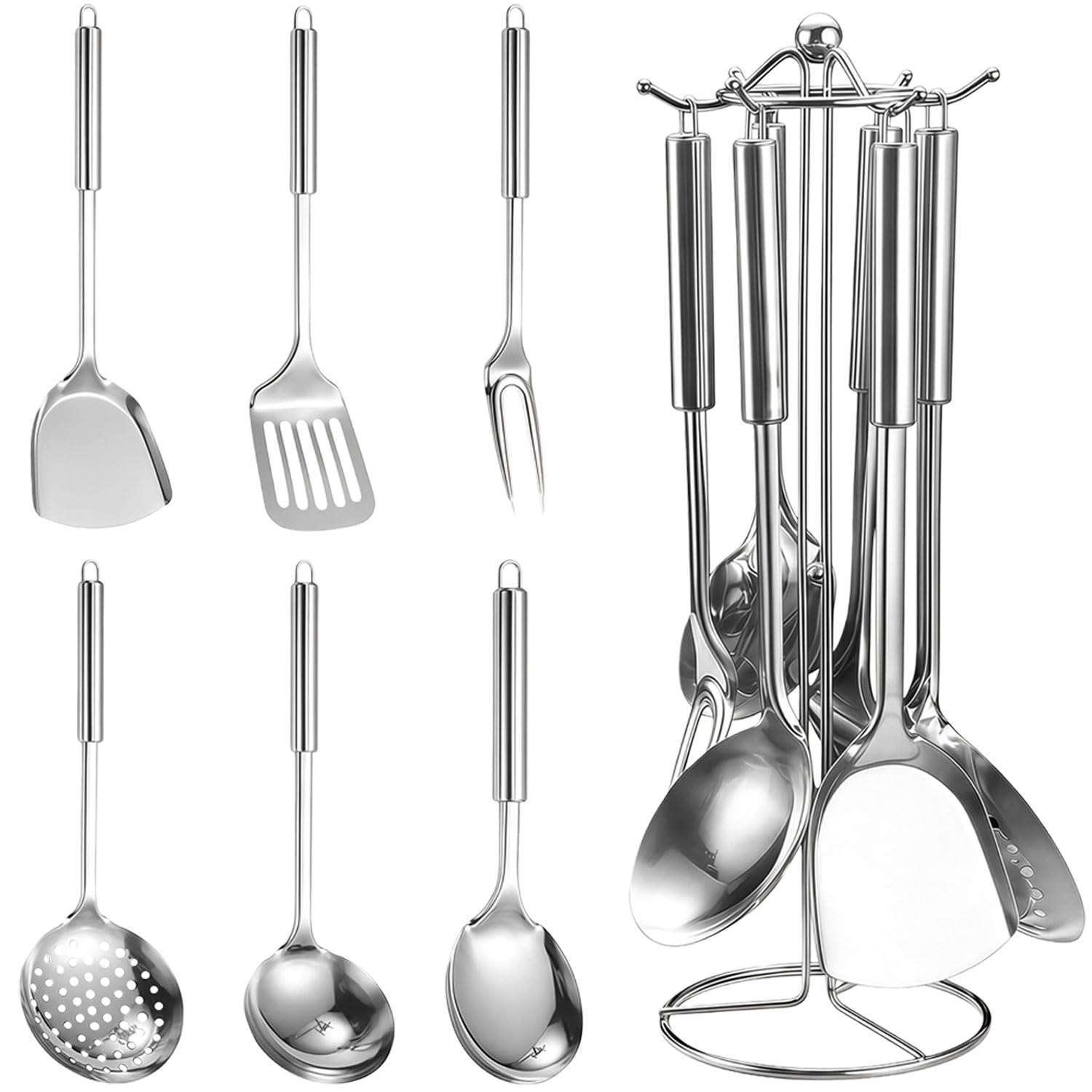 Set Utensili Cucina in Acciaio Inox 7 Pezzi, Set Pentole con Supporto (Mestolo, Schiumarola, Paletta, Forchettone, Cucchiaio per Riso), Lavabile in Lavastoviglie, set pentole acciaio ino