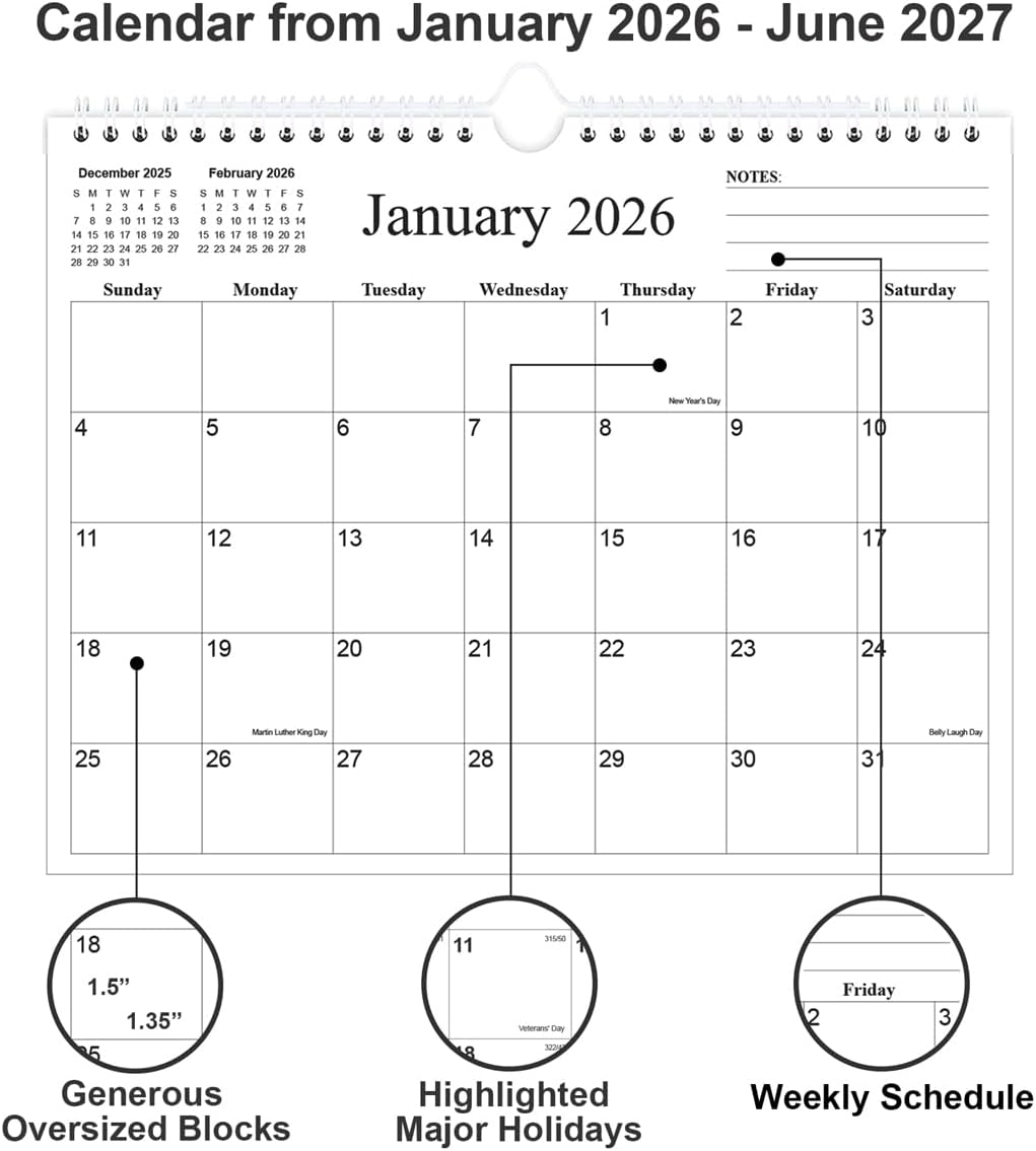 2026 Calendar - 18 Months Calendar 2026 from January 2026 to June 2027, Wall Calendar 2026 with Thick Paper for Home/Office/School, 8.5" x 11", Black 8.5" x 11" Black
