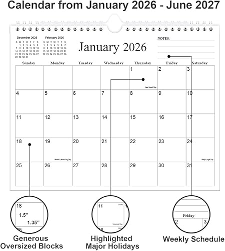 Miniatura 2 de Calendario 2026  Calendario de 18 meses 2026 de enero de 2026 a junio de 2027, calendario de pared 2026 con papel grueso para el hogar, oficina,